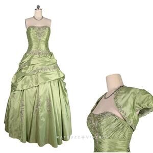 Vintage Prom Dress Ball Gown Maxi 10 Green Y2K Fairy Princess Beaded Strapless